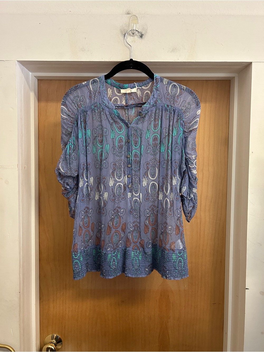 JAG Boho Blue 100% Silk Sheer Half Button Blouse - size 8